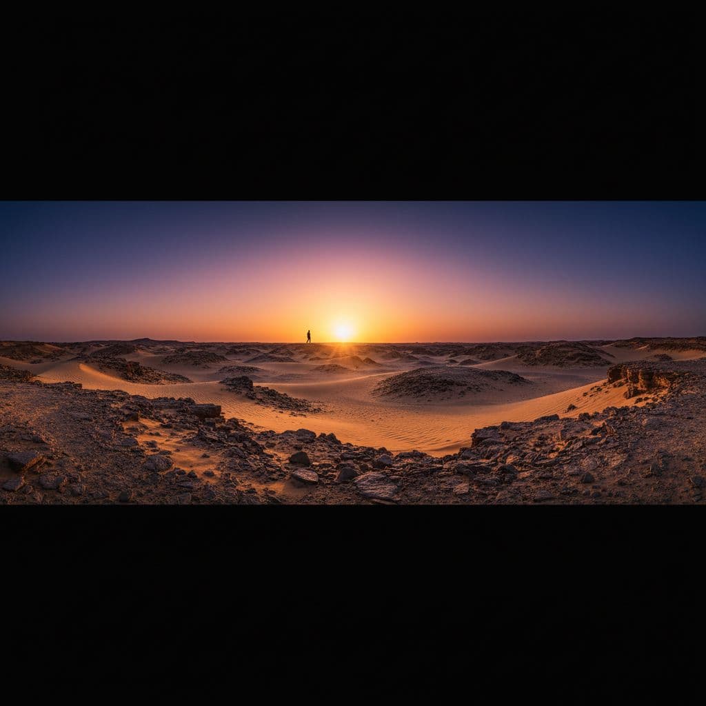 A lone silhouette stands amidst vast, rugged rocky terrain under a twilight sky. Vibrant golden sands contrast against deep blue shadows, capturing the harsh, expansive atmosphere of an ancient wilderness.