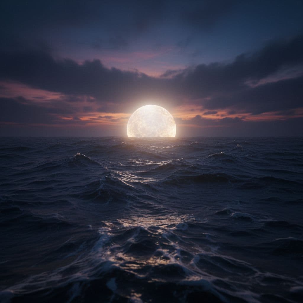 A glowing ethereal light illuminates dark, turbulent waters under a deep twilight sky.