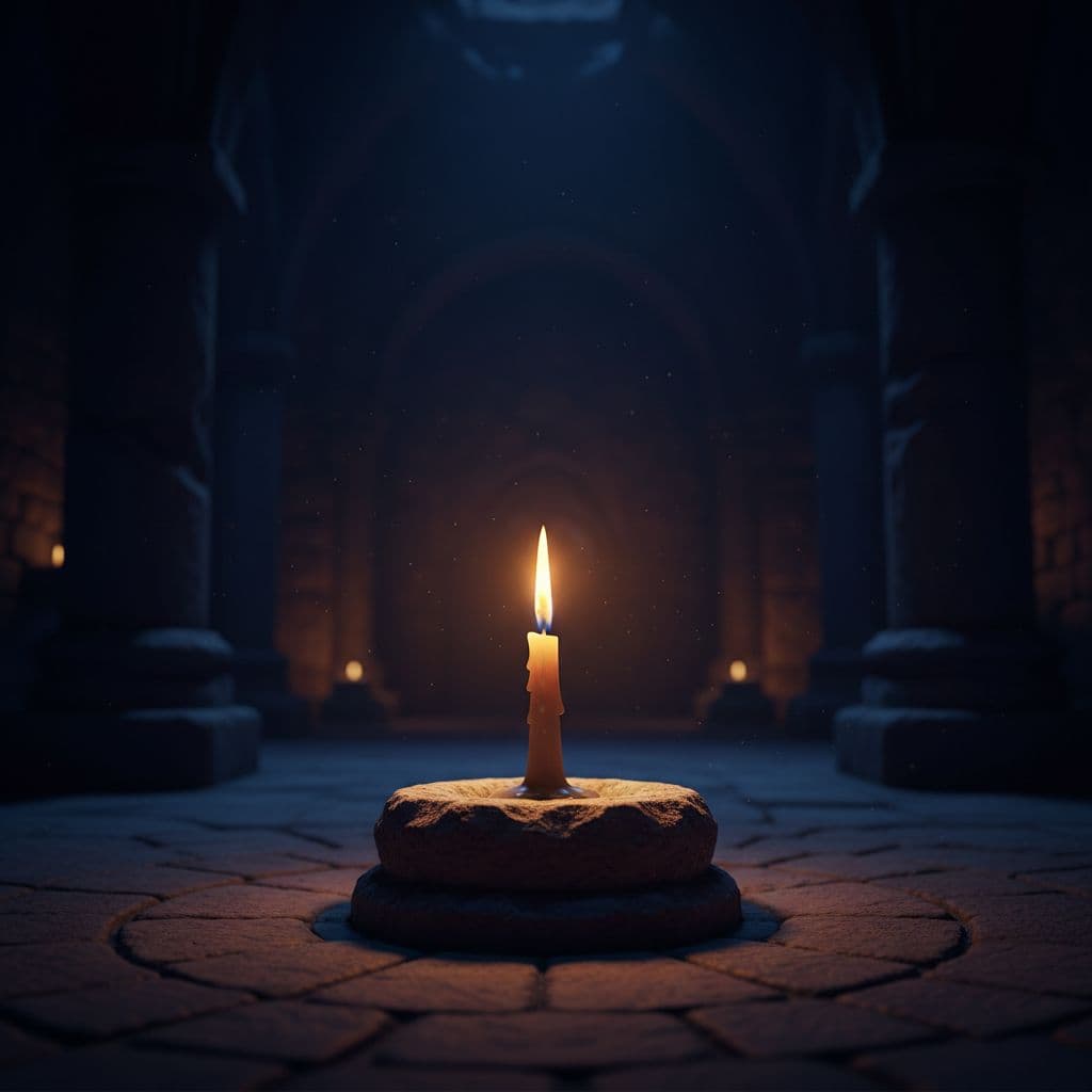 A single candle rests on a rugged stone floor, casting a warm glow that illuminates the rough texture of the surrounding walls. The heavy shadows emphasize the stillness of the space.