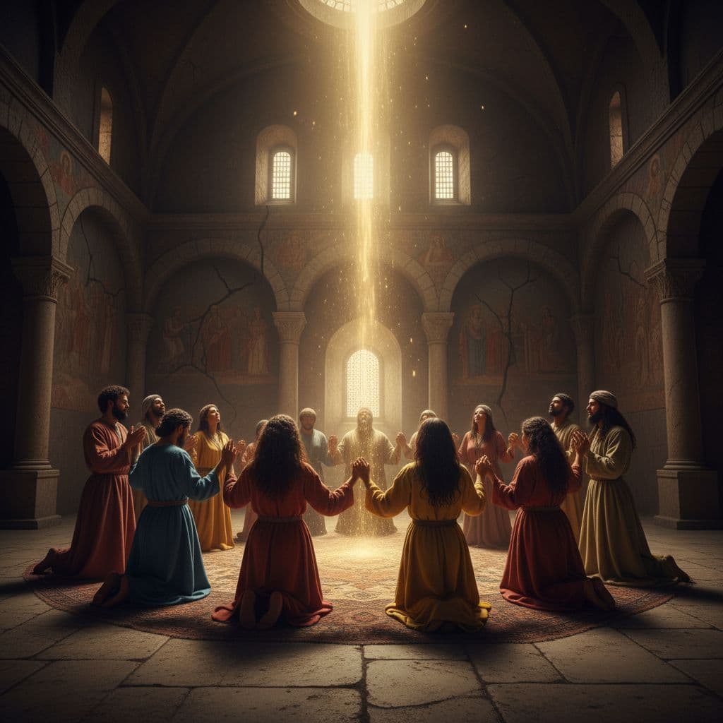 A diverse assembly of individuals kneels together within a stone chamber as ethereal golden light beams downward from a high opening. The atmosphere conveys deep collective reverence and spiritual unity.