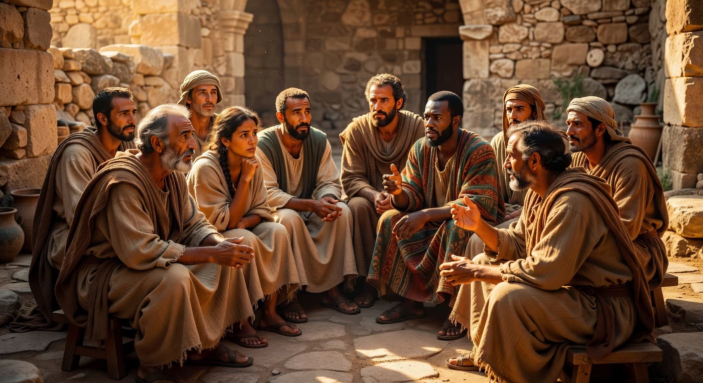 Diverse individuals gather in a rustic stone courtyard, seated on weathered benches. Golden sunlight streams across their expressive faces as they engage in a thoughtful, communal dialogue regarding church leadership.