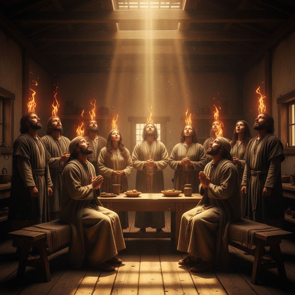 A group of diverse figures sits in a rustic room with wooden walls. A warm, divine light descends from above, casting dramatic long shadows across the stone floor and seated people.